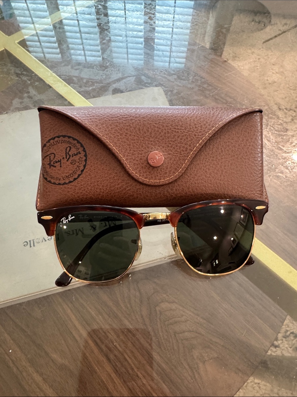Ray-Ban Brown and Gold Clubmaster-Style Sunglasses with Brown Case